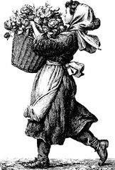 Fototapeta premium Vintage engraving style illustration of a lady carrying a basket of flowers