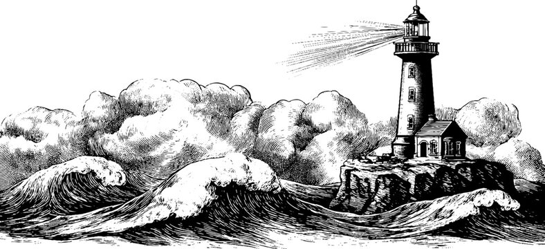 Naklejki Vintage engraving of lighthouse amidst ocean waves for nautical decor and design