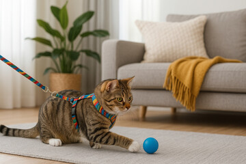 Tabby cat wearing a teal harness sitting near a window in a cozy living room