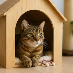 Tabby cat peeking out from wooden triangular cat house with arched doorway