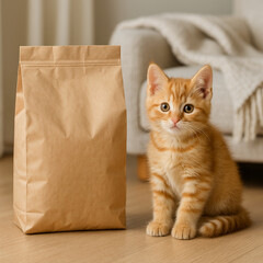 Ginger kitten sitting behind a brown paper bag of cat food on a living room couch