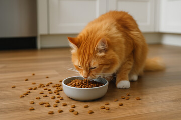 Ginger cat eating dry cat food from bowl on kitchen floor with kibble spilled around