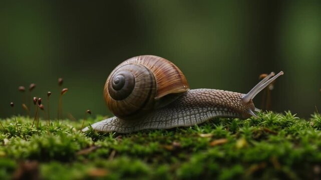 A snail moves across green moss shell visible Dark green background is out of focus
