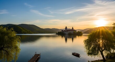 Fototapeta premium Transylvanian Serenity: A Lakeside Castle at Sunrise Reflecting History and Nature's Beauty