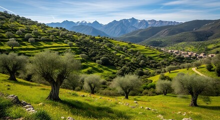 Olive trees on a green hillside with mountains in the background.