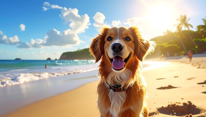 A joyful golden retriever dog sits on a sunny beach, showcasing a happy expression and vibrant colors.