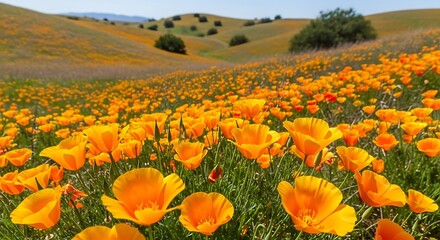Vibrant Orange California Poppies on Rolling Hills.