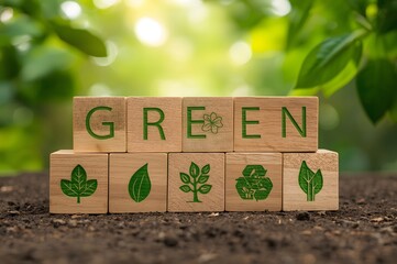 Eco-Friendly Wooden Blocks with Detailed Carvings Highlighting the Word "Green"