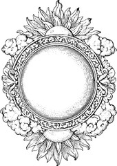 Vintage engraving style illustration of the moon with ornate frame design for print or poster