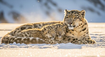 Obraz premium A mother snow leopard rests with her two cubs in a snowy, mountainous landscape.