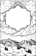 Obraz premium Vintage mountain silhouette in engraving style with ornate frame for design