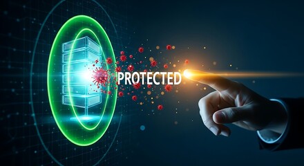 Antivirus protection concept. A hand points to a server hologram protected by a green forcefield that disintegrates red virus icons, with "PROTECTED" text.