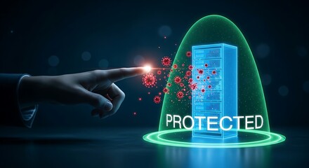 Antivirus protection concept. A hand points to a server hologram protected by a green forcefield that disintegrates red virus icons, with "PROTECTED" text.