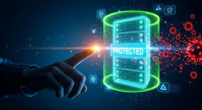 Antivirus protection concept. A hand points to a server hologram protected by a green forcefield that disintegrates red virus icons, with "PROTECTED" text.