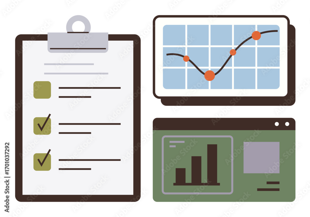 Aufkleber clipboard with checklist, analytics graphs with rising trends, statistics on digital dashboard. idea