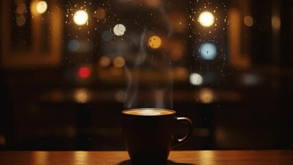 A steaming cup of coffee on a wooden surface with a blurred rainstreaked window and city lights in the background - Powered by Adobe