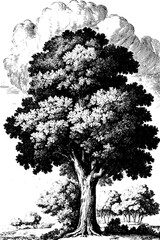 Fototapeta premium Majestic oak tree in vintage engraving style for nature art and design
