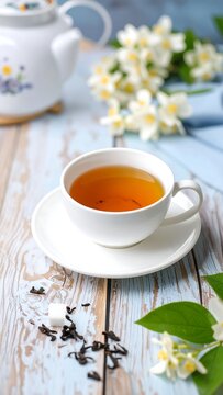 A cup of tea surrounded by jasmine flowers