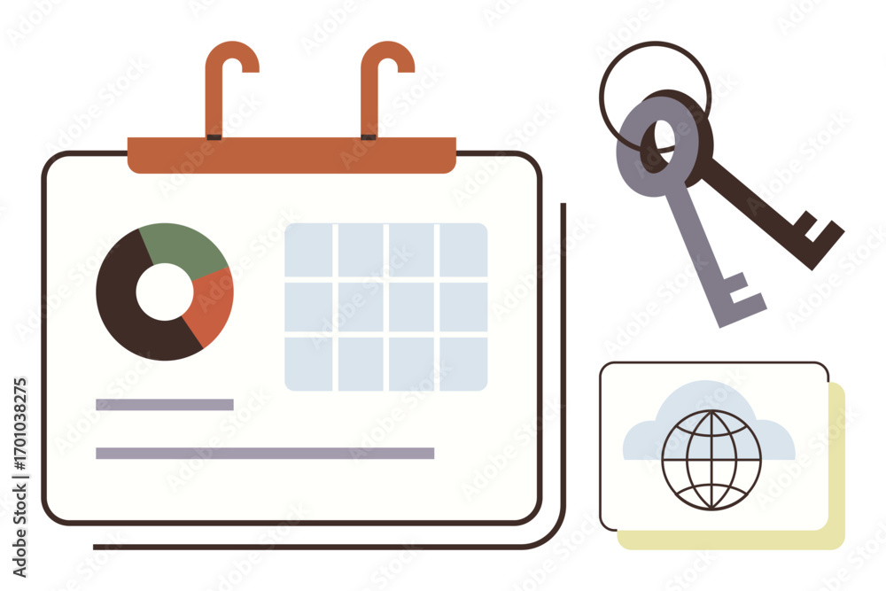 Poster calendar with grid and chart, two keys on a ring, global cloud folder. ideal for time management, pl