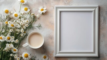 Blank frame with flowers and coffee