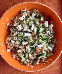 Salad of fresh vegetables and fenugreek sprouts microgreens in an orange bowl on the table
