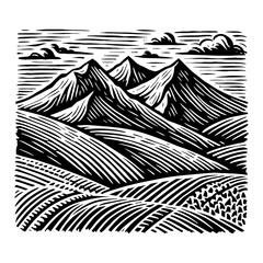 Majestic Mountains and Rolling Hills Landscape with Clouds Black and White Outline Line Art Drawing