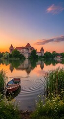 Fototapeta premium Serene lake view featuring a majestic castle reflecting in the tranquil waters at sunset