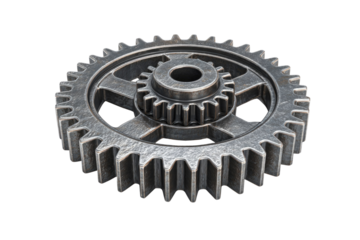 A detailed 3D render of a metallic gear system with intricate details, isolated on a transparent background. background removed