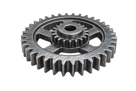 A detailed 3D render of a metallic gear system with intricate details, isolated on a transparent background. background removed