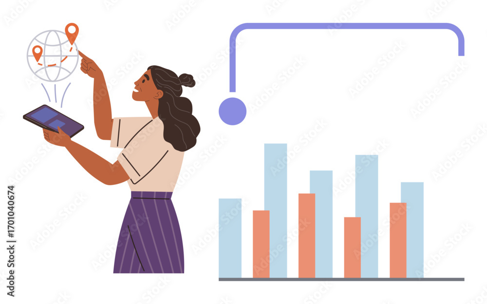 Aufkleber woman using a tablet to analyze global data with location markers and bar graphs. ideal for data ana