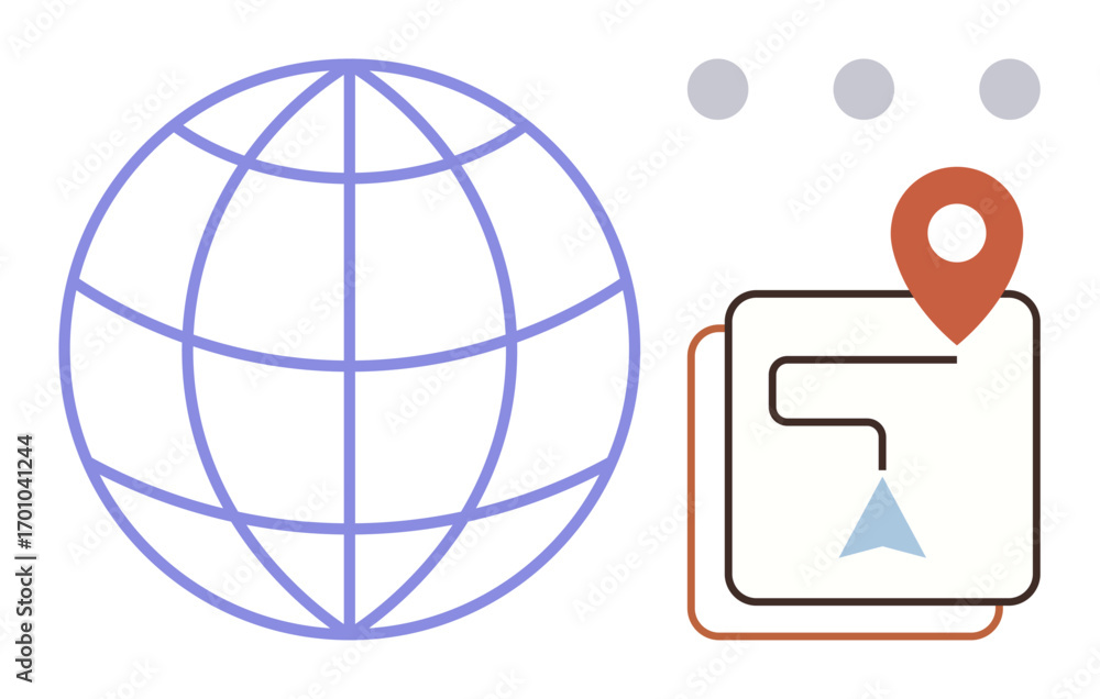 Poster globe outline symbolizing worldwide connection, map with geolocation marker and arrows for route pla