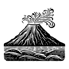 Dramatic Erupting Volcano Over Water Landscape with Smoke Clouds Vintage Black and White Outline Line Art Drawing