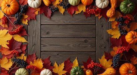 Rustic autumn harvest celebration background with pumpkins, foliage, and berries on wooden planks