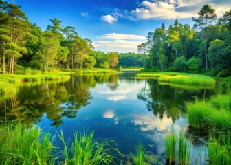 Fototapeta premium Lush green wetland vegetation with tall trees and a serene lake in the background