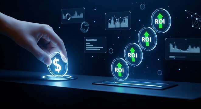 Return on Investment (ROI) concept. A hand inserts one holographic dollar coin into a machine, and three coins come out, visualizing profit.