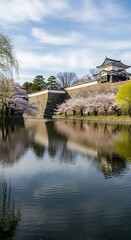 Fototapeta premium Serene japanese castle reflecting in calm waters surrounded by vibrant cherry blossoms along