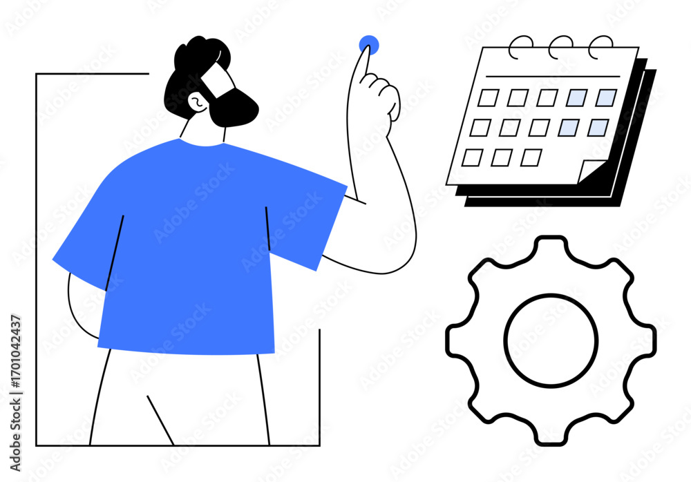 Poster person pointing at date on calendar, gear symbolizing productivity, system organization. ideal for t