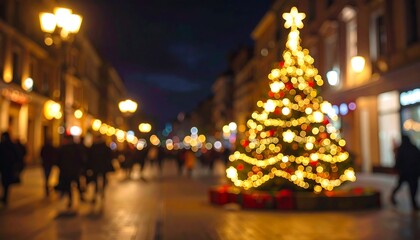 Festive city street scene at night, featuring a beautifully lit Christmas tree,  creating a warm and inviting atmosphere.