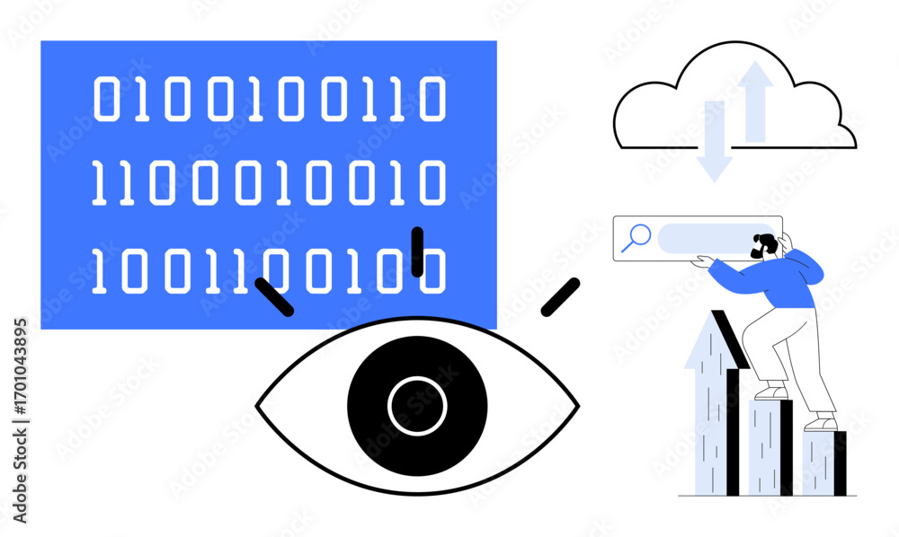 Poster binary code, an eye, cloud with data transfer arrows, person using a search bar over bar graphs. ide