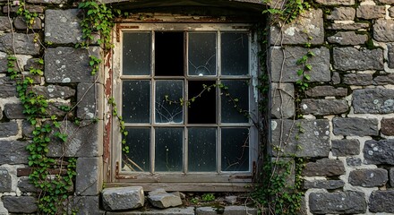 Old weathered window in a rustic stone wall.