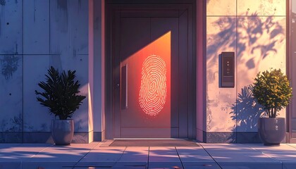 A modern front door with a vivid red fingerprint graphic, showcasing a serene urban setting at dawn or dusk.