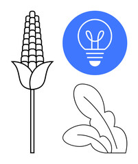 Corn stalk, leafy greens, and glowing lightbulb symbolize agriculture, sustainability, farming innovation, eco-energy, food production, green technology and organic practices. Ideal for agri-tech