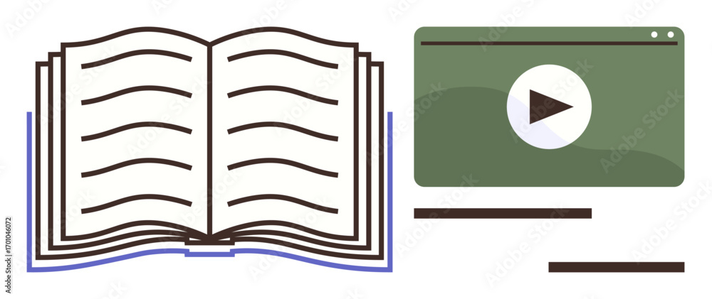 Poster open book with visible pages next to a green video player screen featuring a play button. ideal for 