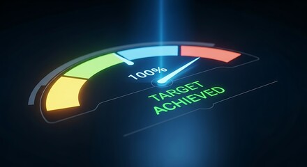 Target achieved concept. A holographic performance meter's needle hits 100%, and the words "TARGET ACHIEVED" light up in green.