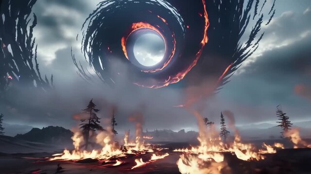 Swirling embers dance among charred remains in a dramatic landscape of flames and smoke. Fiery scene captures infernal chaos, showcasing the beauty of destruction and rebirth.