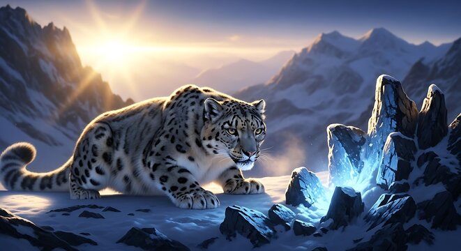 A majestic snow leopard crouches on a snowy mountain slope, illuminated by the warm glow of the setting sun.