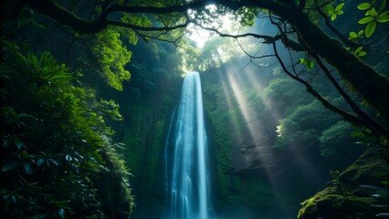 Obraz premium Majestic waterfall in lush green forest with sun rays