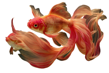 Two elegant goldfish with flowing fins gracefully swim against a black backdrop. background removed