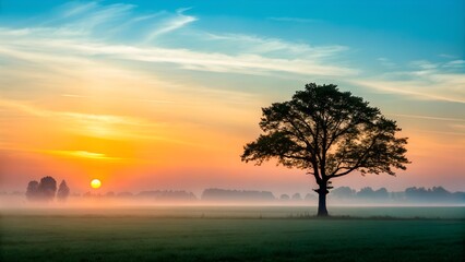 Fototapeta premium Sunrise tree landscape field fog morning nature