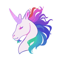 Unicorn head with rainbow mane on white background
